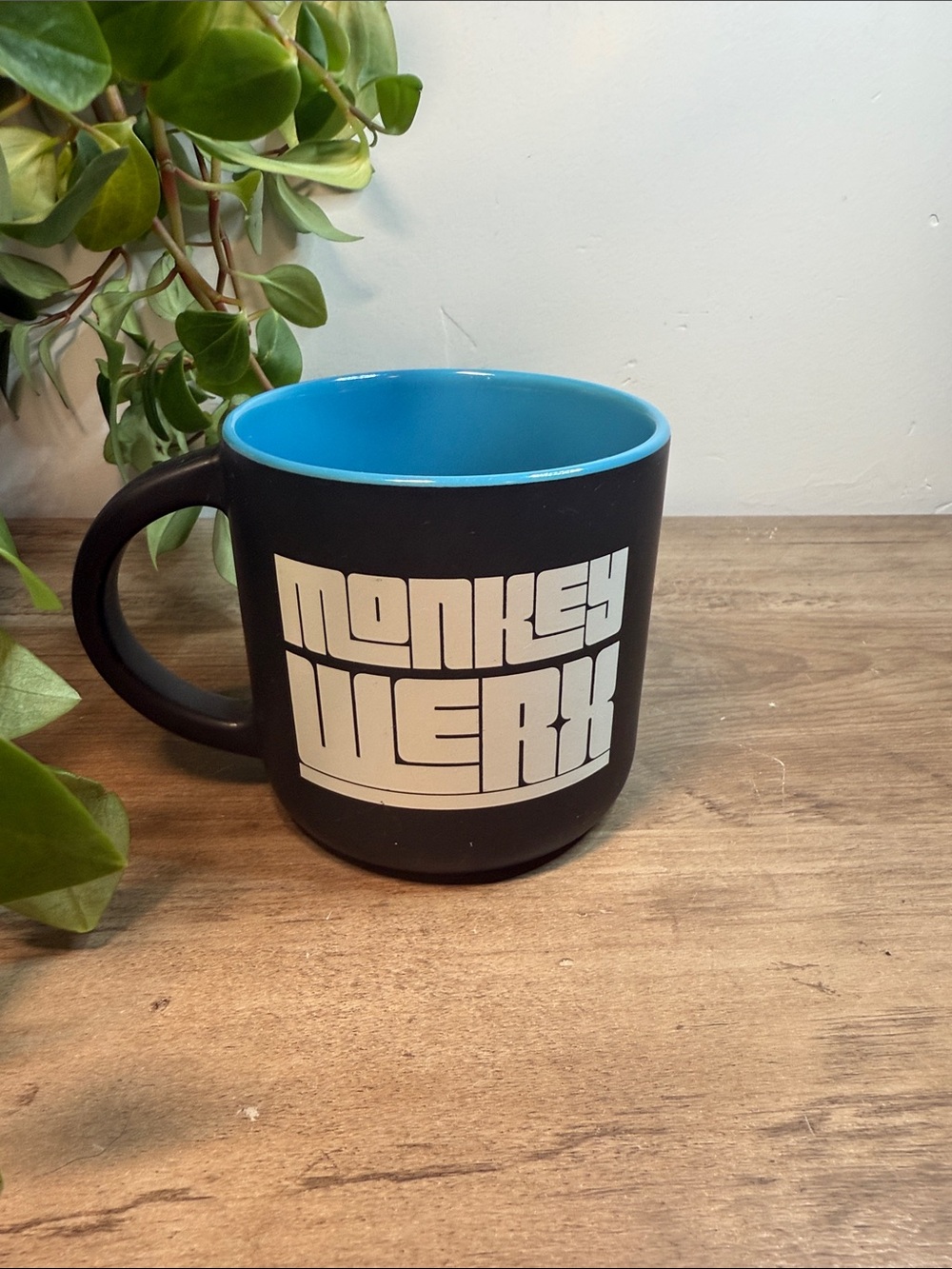 Monkey Werx Official 14 oz Mug Matte Black Blue Interior Hannim Logo